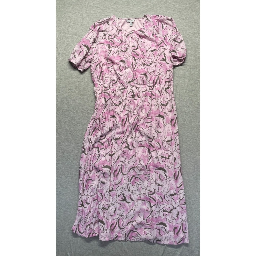 Nine West Maxi Dress Women 2X Pink Floral Elastic Waist Puff Sleeve Keyhole Neck